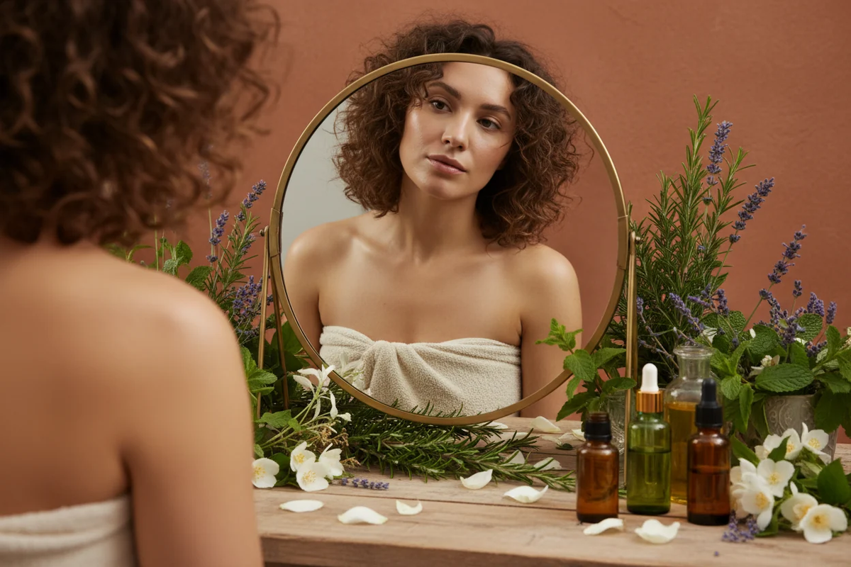 Woman with clear skin looking in a gold mirror surrounded by botanical herbs and skincare serums