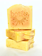 Botika Calendula & Lemongrass Tallow Bar Soap three bars piled — sulfate-free natural bar soap with grass-fed tallow and lemongrass